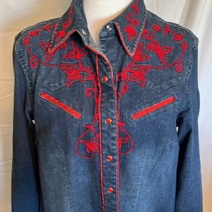 Denim tunic, Tasha Pelosi, Western, red embroidery, mini dress